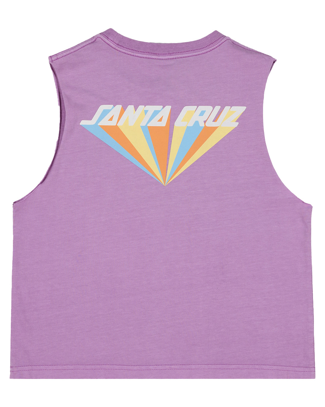 Santa Cruz Girls Delta Strip Crop Muscle in light purple with blue orangle and yellow santa cruz print on back