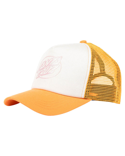 Santa Cruz Girls Oval Dot Mono Trucker Cap with yellow cap white front and back netting