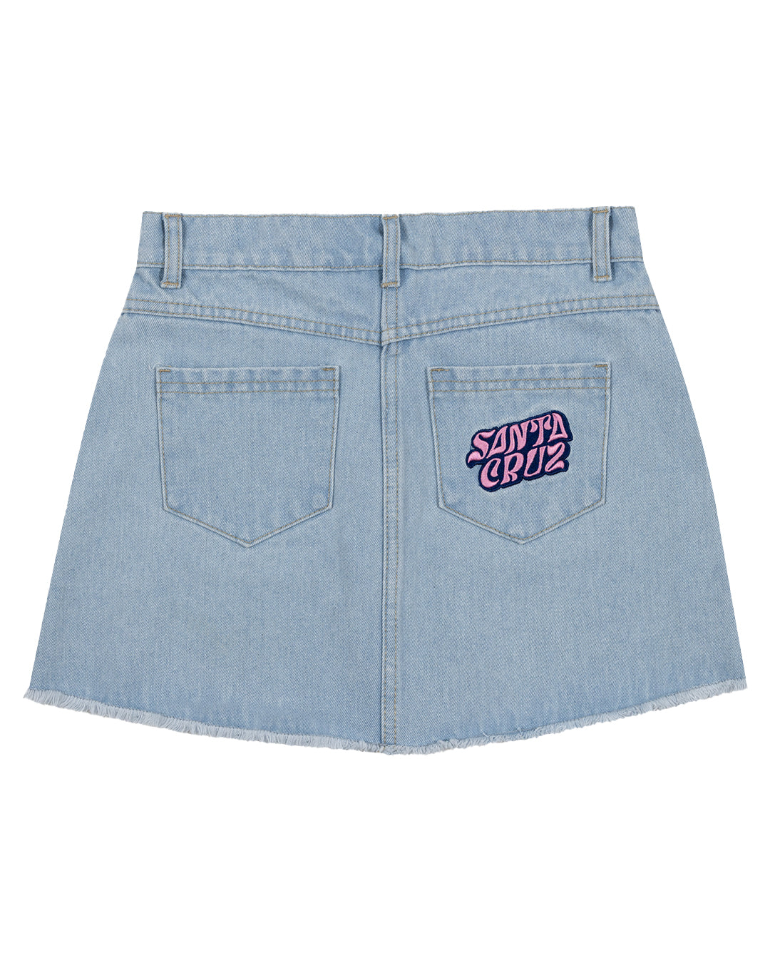 Santa Cruz Girls Vibes Stack Denim Skirt with back pockets and santa cruz embroidery on right pocket displayed from front