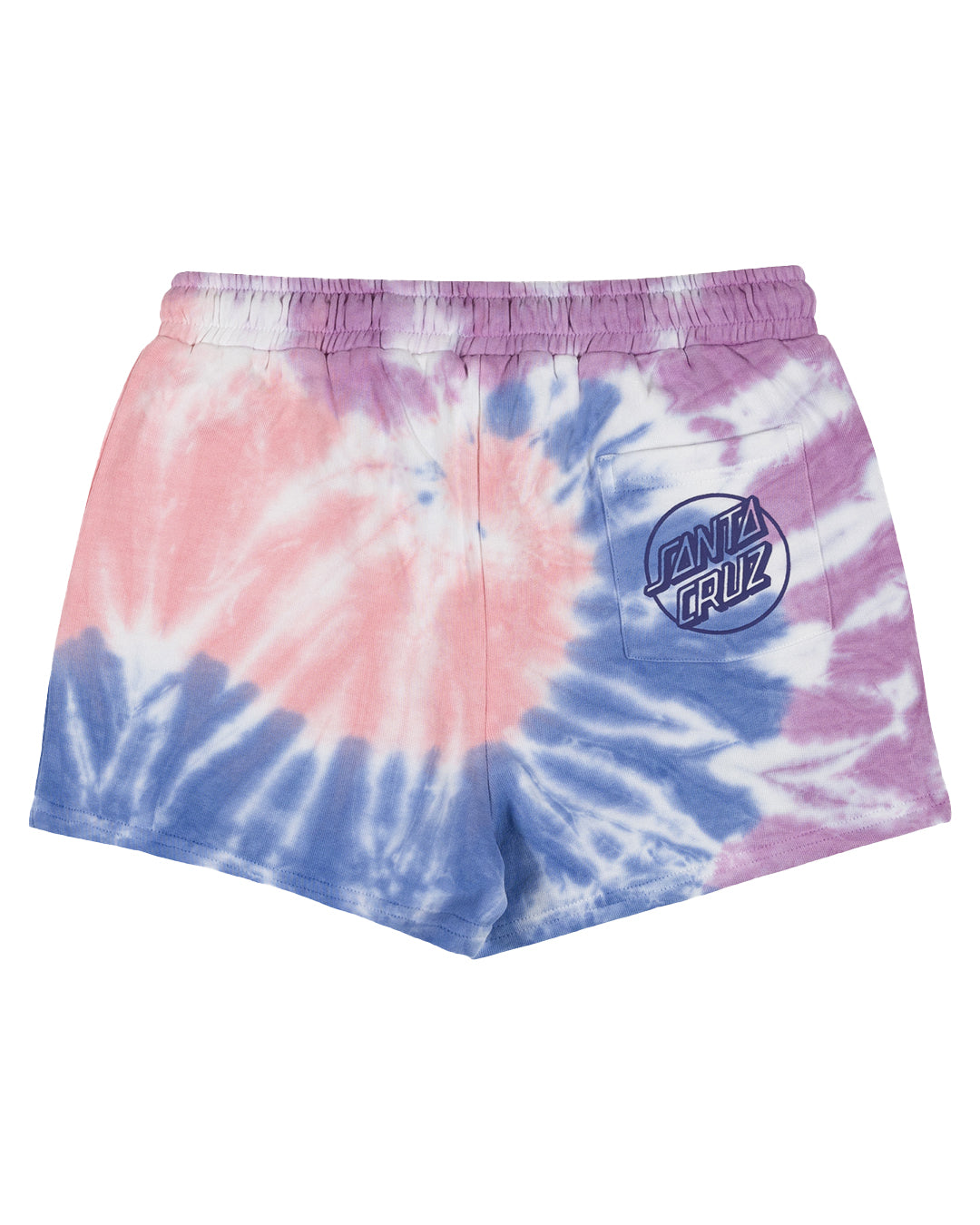 Santa Cruz Girls Opus Dot Track Shorts in colour blue purple and pink tie dye and back right pocket with santa cruz print