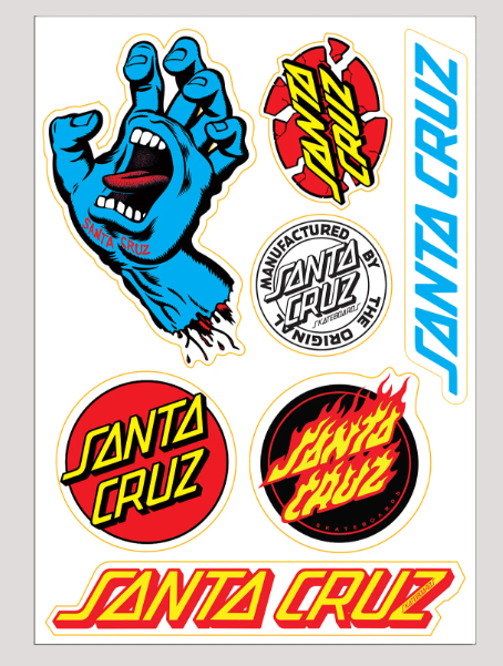 Santa Cruz Screaming Hand Multi Sticker Sheet with multiple Santa Cruz stickers on it