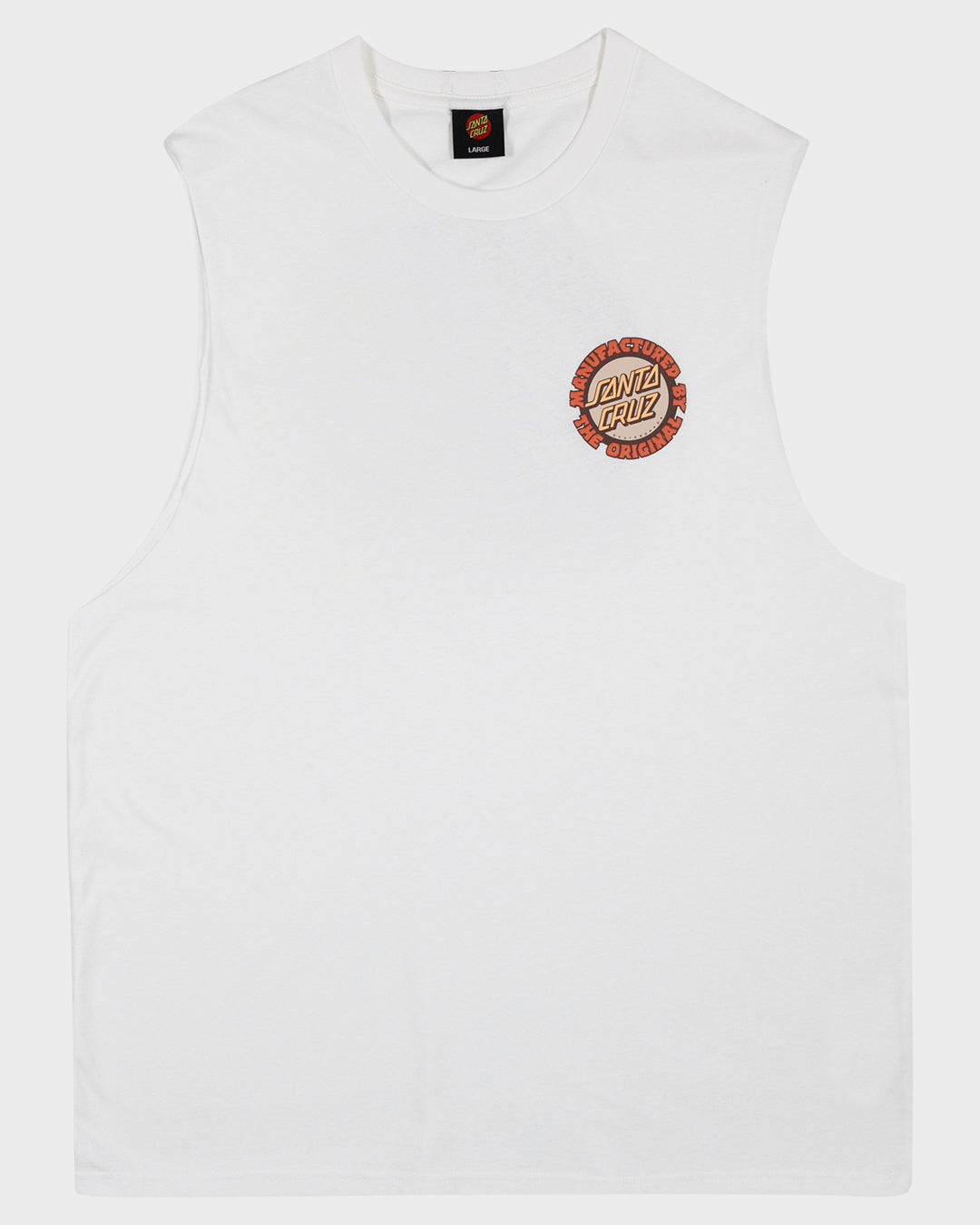 Santa Cruz MFG Dot Muscle tee in off white with santa cruz print on top left displayed from front