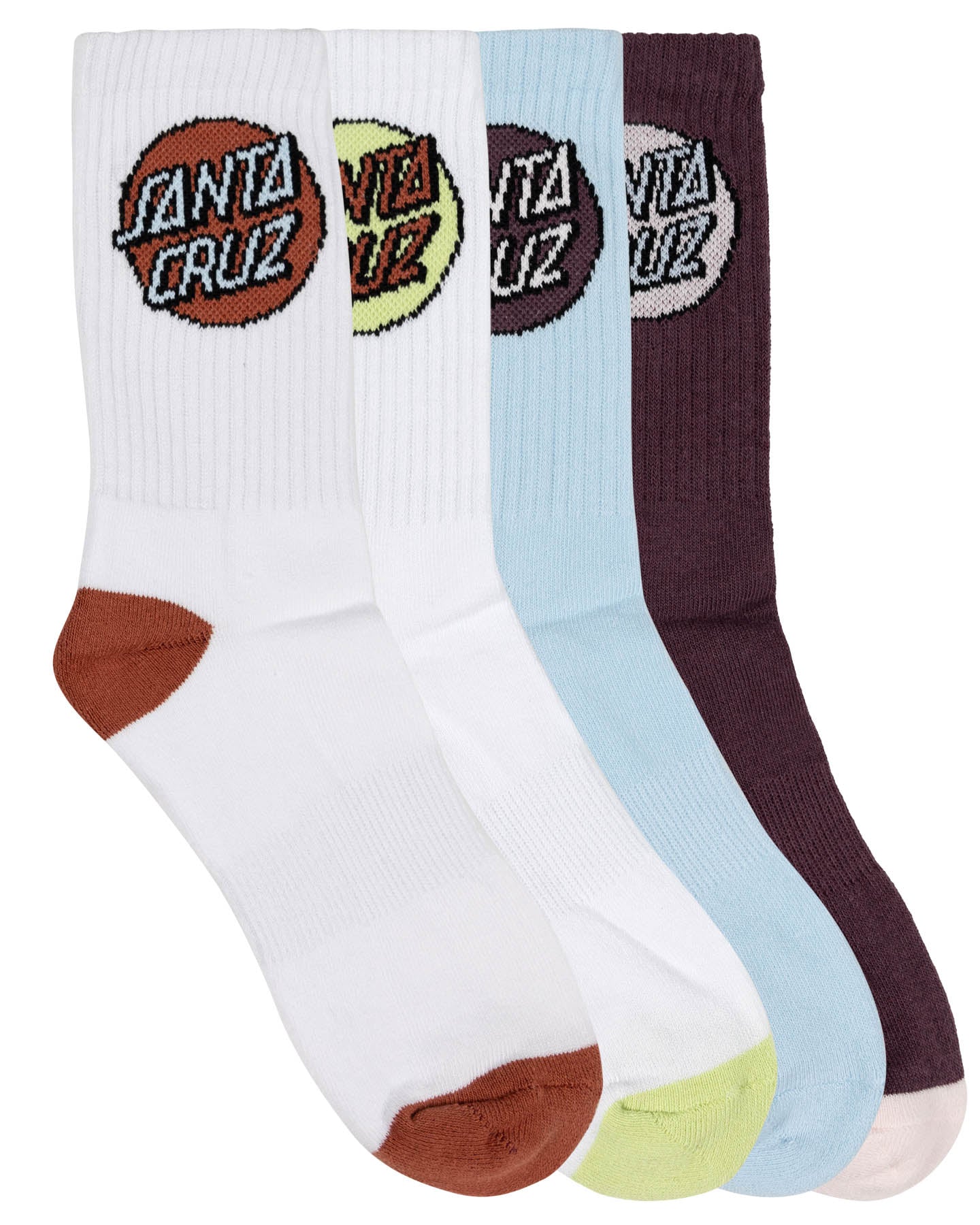 Santa Cruz Womens Other Dot Crew Sock 4 pack in white, light blue, maroon