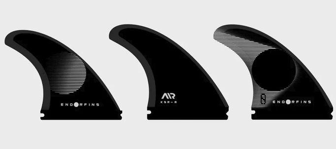 Slater Designs KSR Rake Thruster Surfboard Fin Set in black and white
