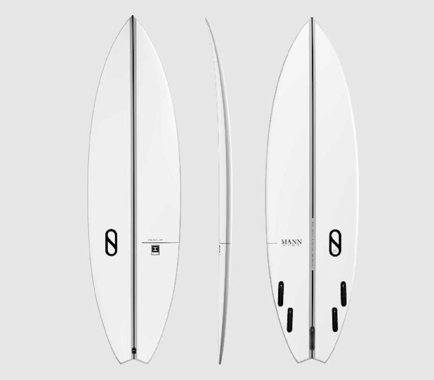 Slater Designs 5'10 FRK Swallow Surfboard showing deck, side and bottom views