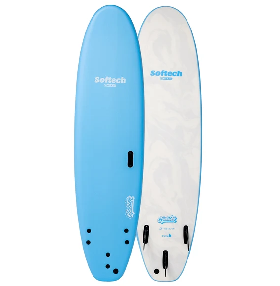 Softech Coaster 7'0 FCS II Softboard in sky blue colourway with a white bottom showing the top and bottom of the board