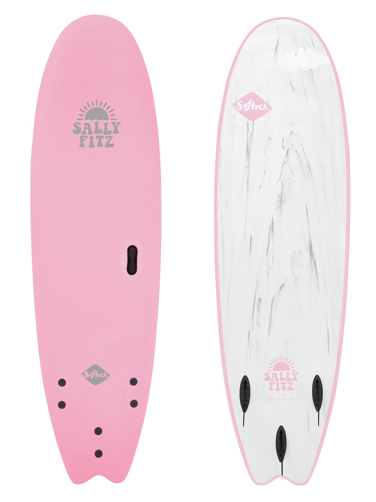 Softech Sally Fitz 6'0 Softboard pink with silver logo and handle white black marble bottom