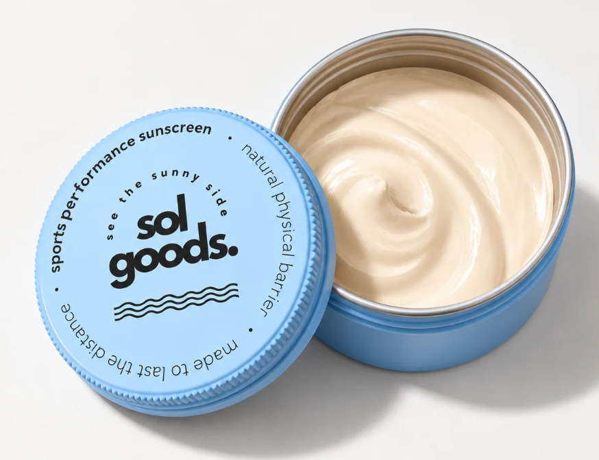 Sol Goods SPF40+ Sports Performance Sunscreen 100ml in the new blue tin opened up