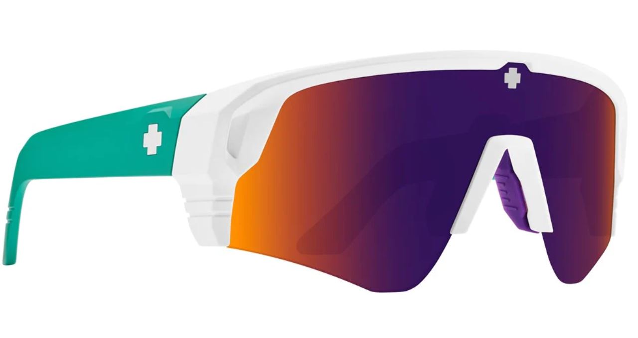 Spy Monolith Speed Matte White Teal frames with Happy Grey Green Dark Purple Mirror Sunglasses