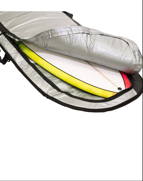Surfica 7'6 Longboard Boardbag in silver showing inside with surfboard in it