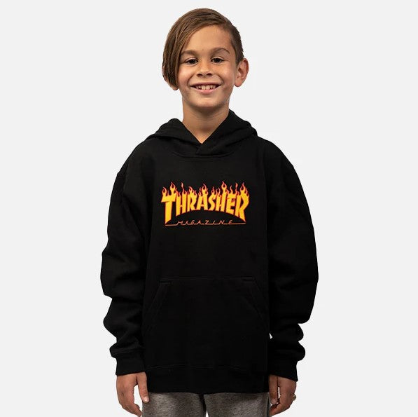 Thrasher Youth Flame Hoodie in black on a youth model