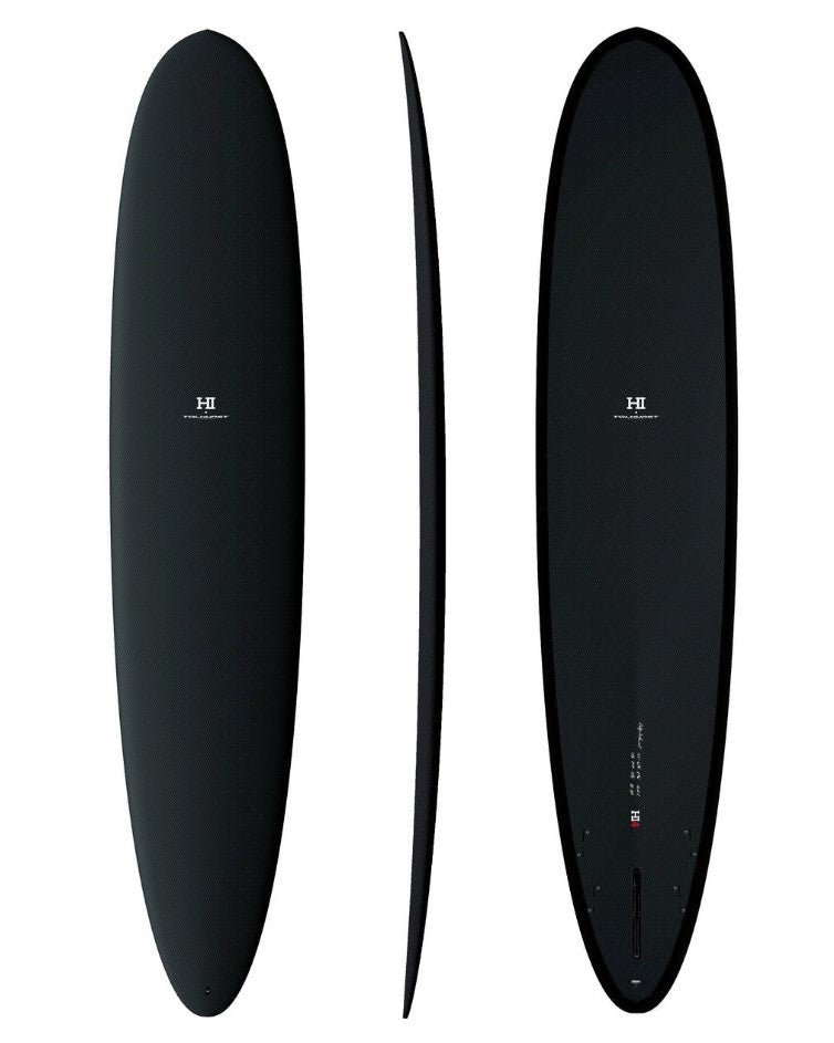 Thunderbolt Harley Ingleby HI Speed 9'1 Black Longboard from top. bottom and side