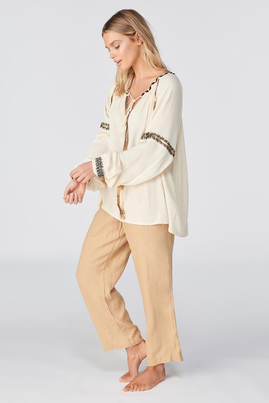 Win21 TIGERLILY NAVIA TIANA LS BLOUSE cream blouse with copper and navy details tie strings on collar