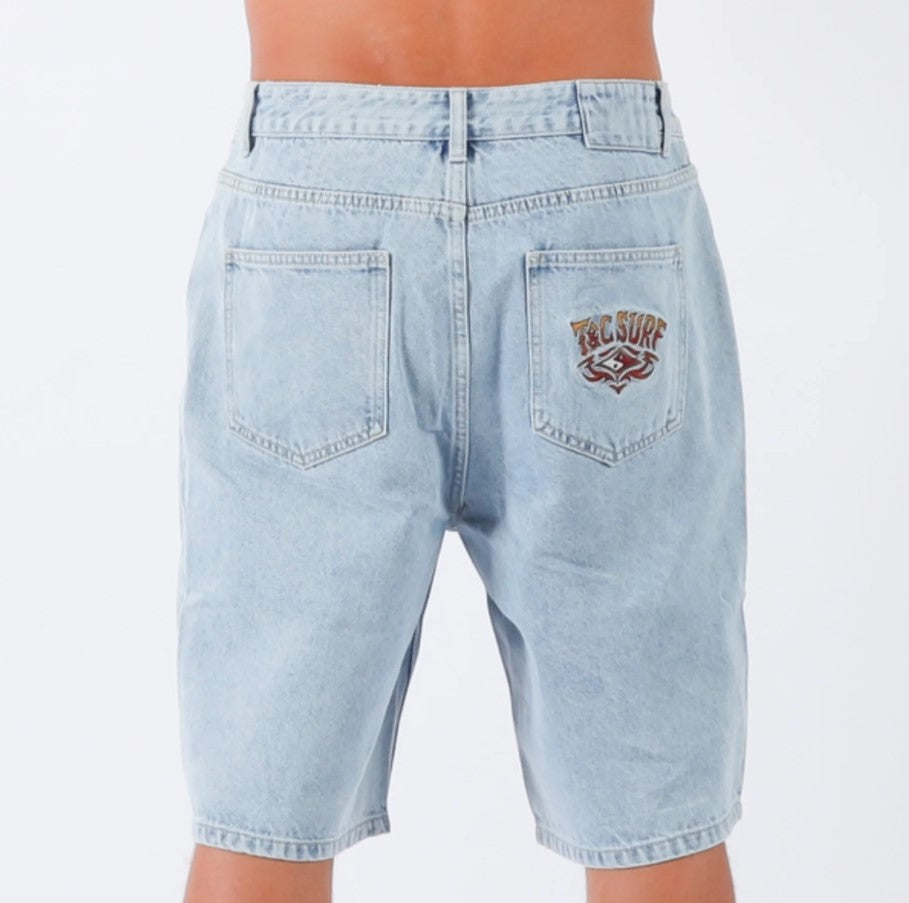 Town and Country Thrift Boys Denim Shorts in bleached blue from rear showing embroidered pocket