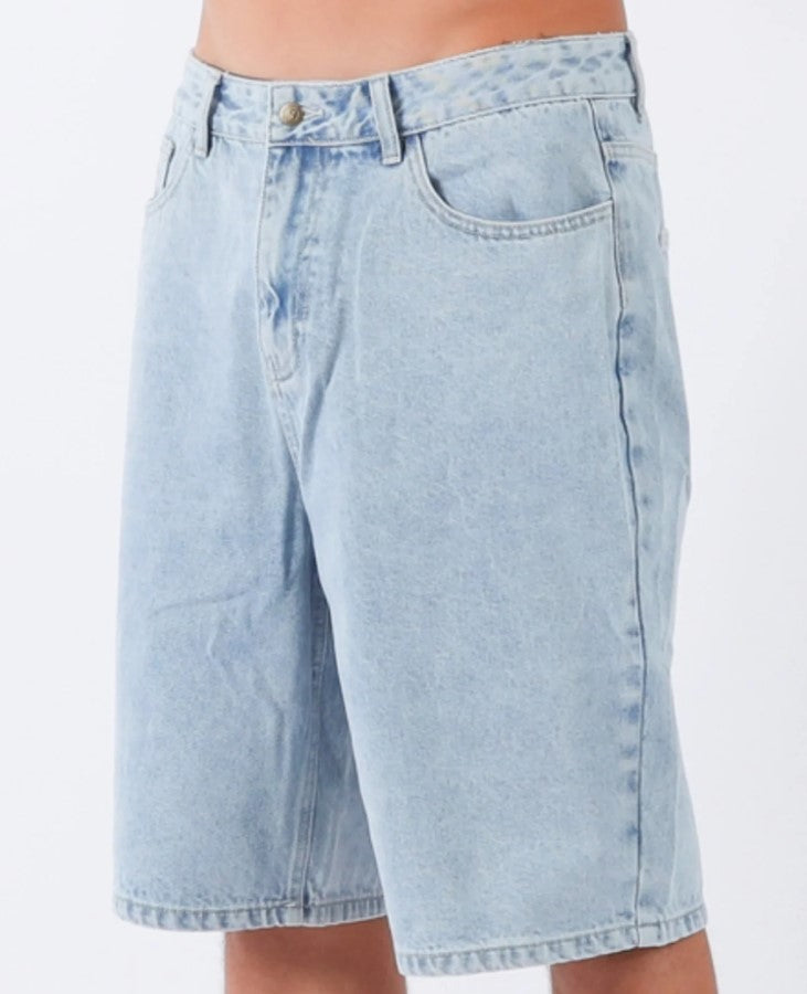 Town and Country Thrift Boys Denim Shorts in bleached blue from front close up