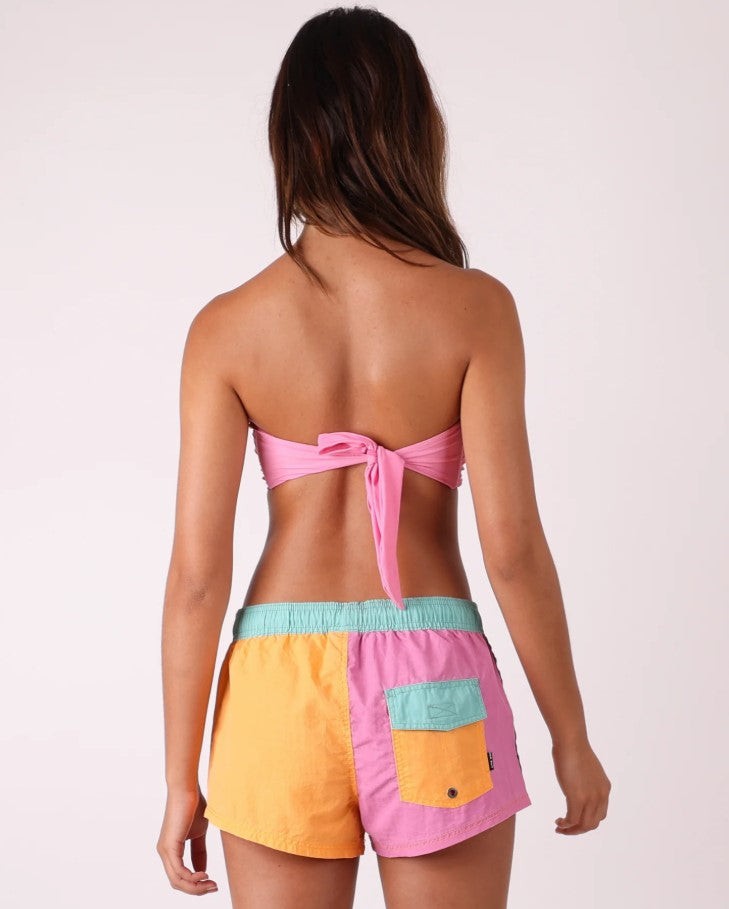 Town and Country Hype Womens Surf Shorts in multi colour from rear on model wearing pink bikini top