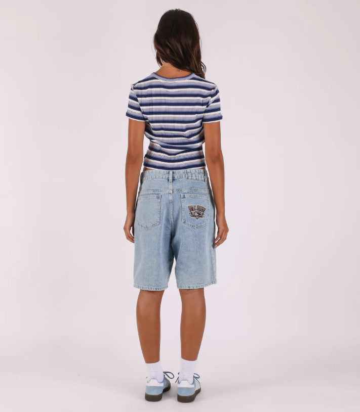 Town and Country Line Up Shrunken Fit Women's Tee in stripe on dark-haired model in jorts from rear