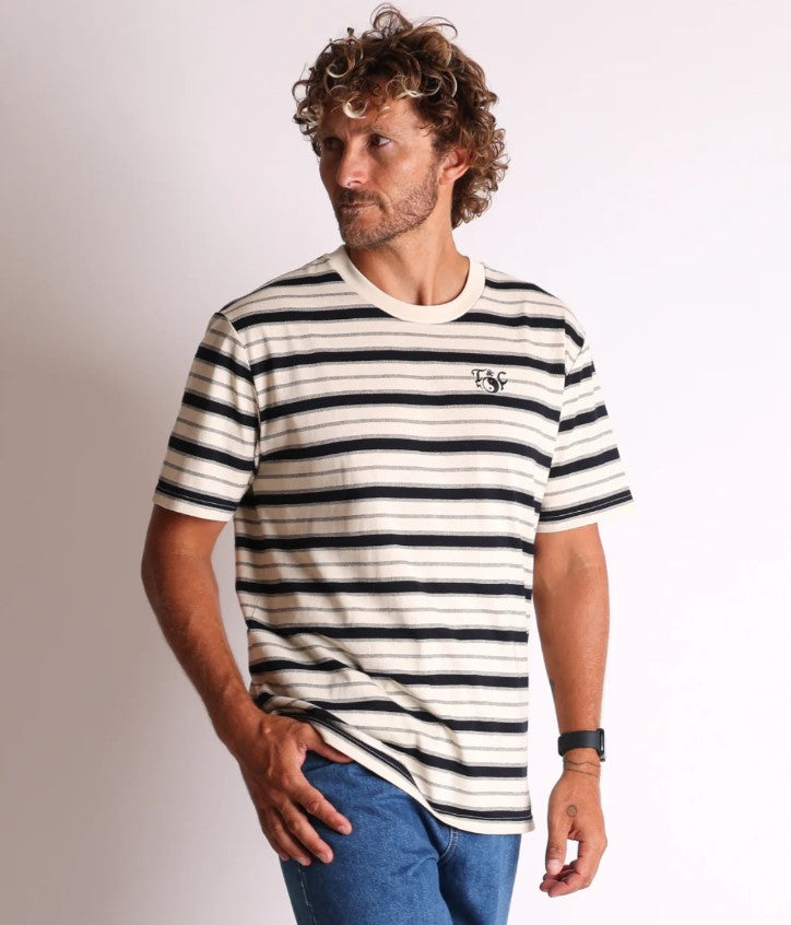 Town and Country Nomad Stripe Mens T-Shirt in bone colour with black stripe on model from front
