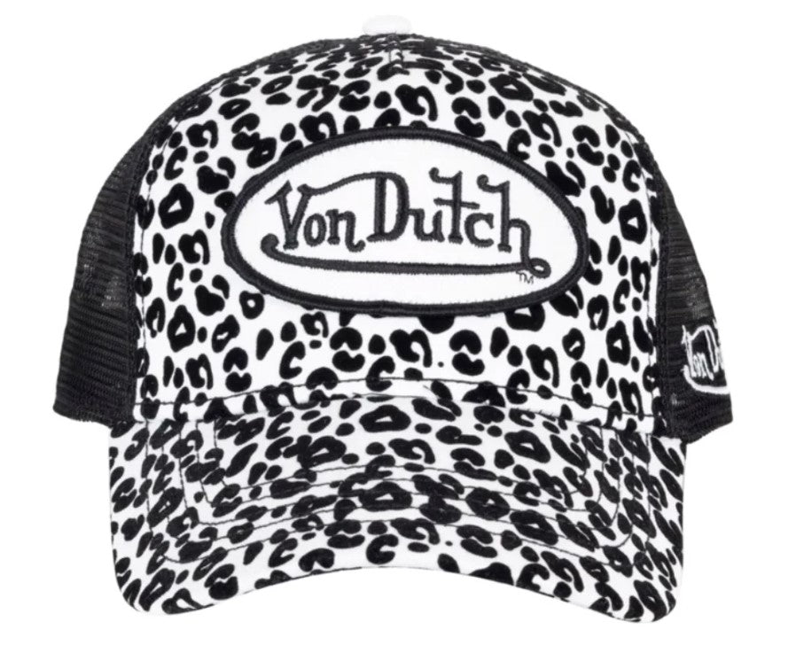 Von Dutch Twill Patch Trucker Cap in black and white leopard print with black mesh and black and white embroidered logo patch