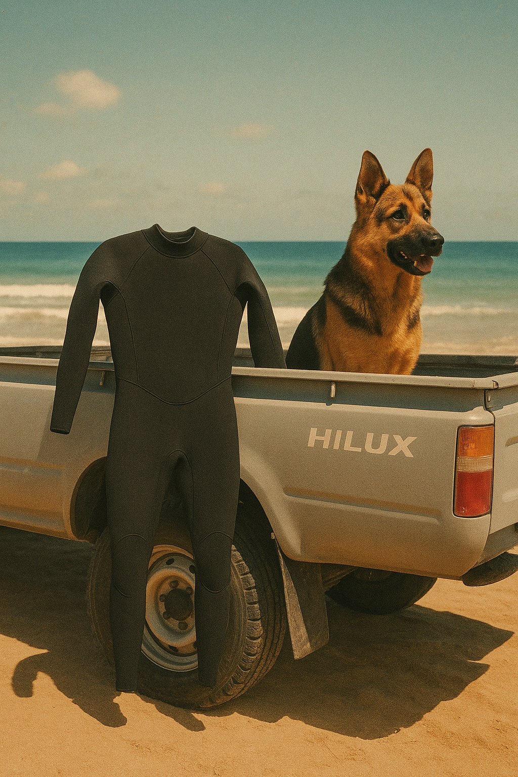 German Shepherd Dog on the back of a Hilux ute with a wetsuit beside it