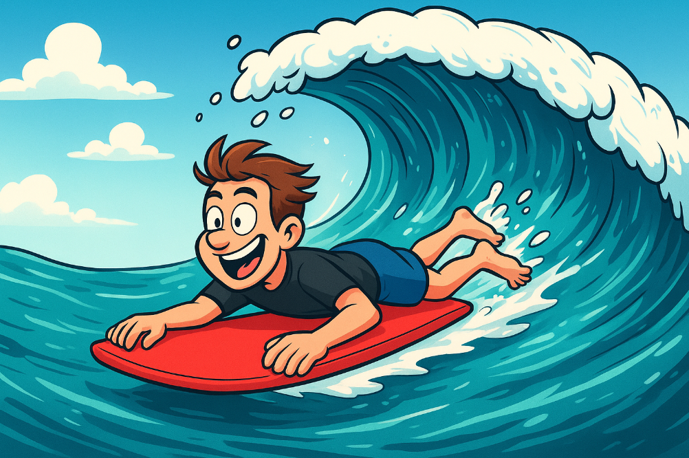 Cartoon image of someone riding a bodyboard in the surf