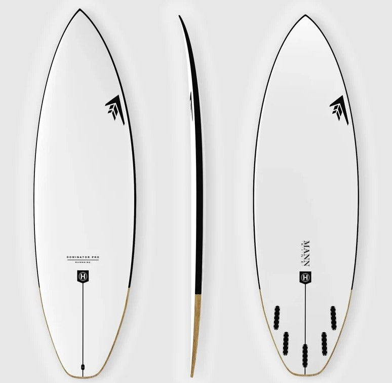 Firewire Dominator Pro Helium surfboard showing deck, rail and bottom views