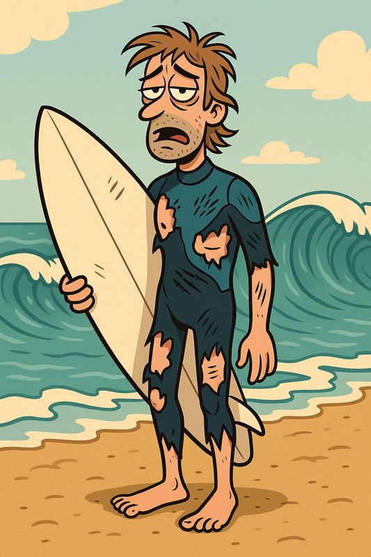 Cartoon of a surfer in a torn wetsuit