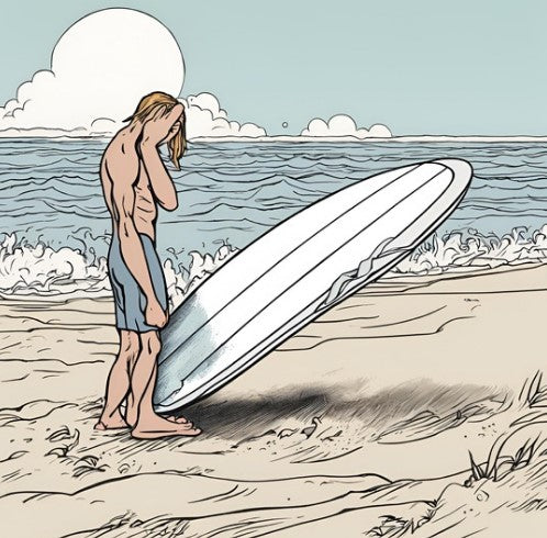 Surfer giving himself a facepalm on the becah beside his damaged surfboard.  AI generated