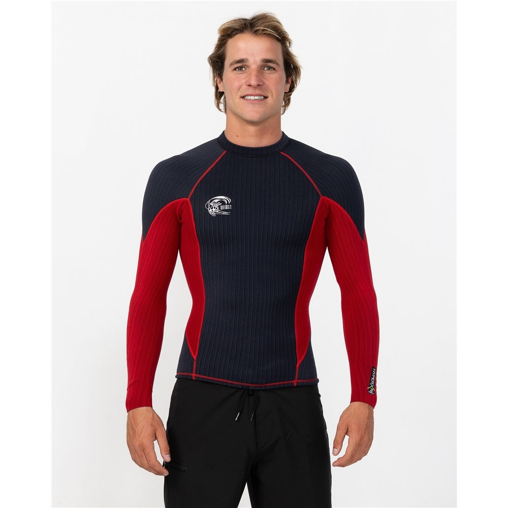 O'Neill HyperX Y2K 1.5mm Long Sleeve Men's Wetsuit Vest in black and red on model from the front close up