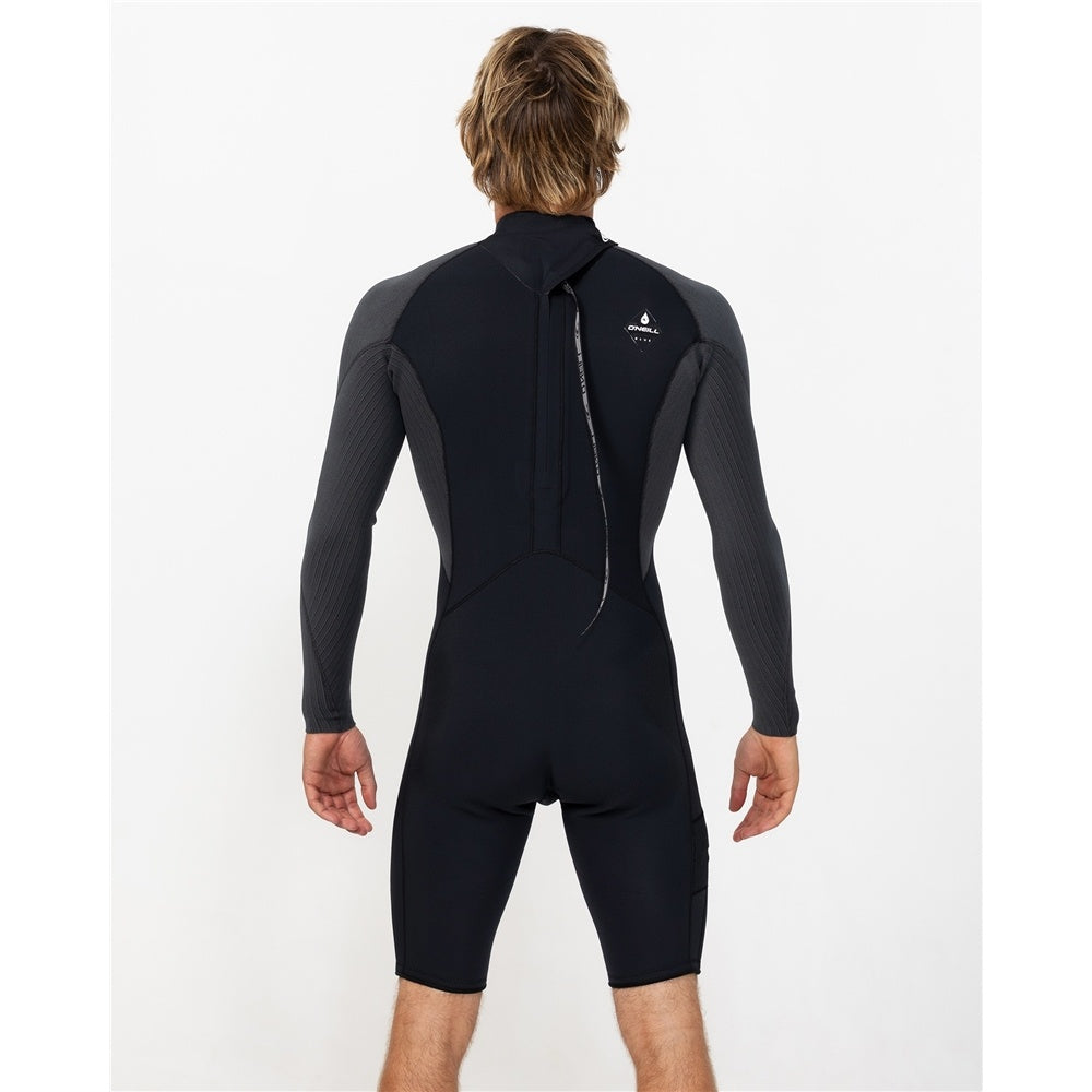 O'Neill Hyperfreak 2mm BZ GBS Long Sleeve Wetsuit in black and steel on model from the back