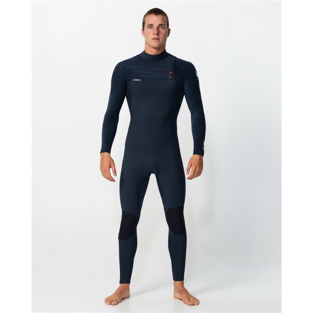 O'Neill Hyperfire 4/3mm Chest Zip Men's Wetsuit in carbon blue from front
 