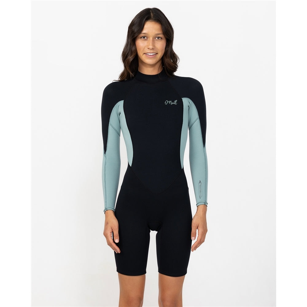 O'Neill Women's 2mm Reactor II Boyleg Spring Wetsuit in black with eucalyptus colourway on model from the front close up