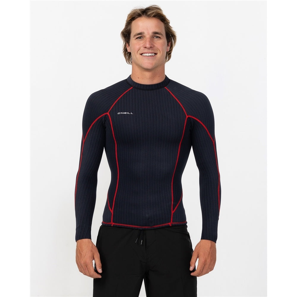 O'Neill HyperX Y2K 1.5mm Long Sleeve Men's Wetsuit Vest in black and red on model from the front reversed out