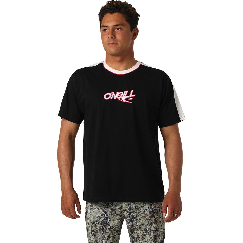 O'Neill Wave Cult Men's T-Shirt in black with white panels and red piping from front