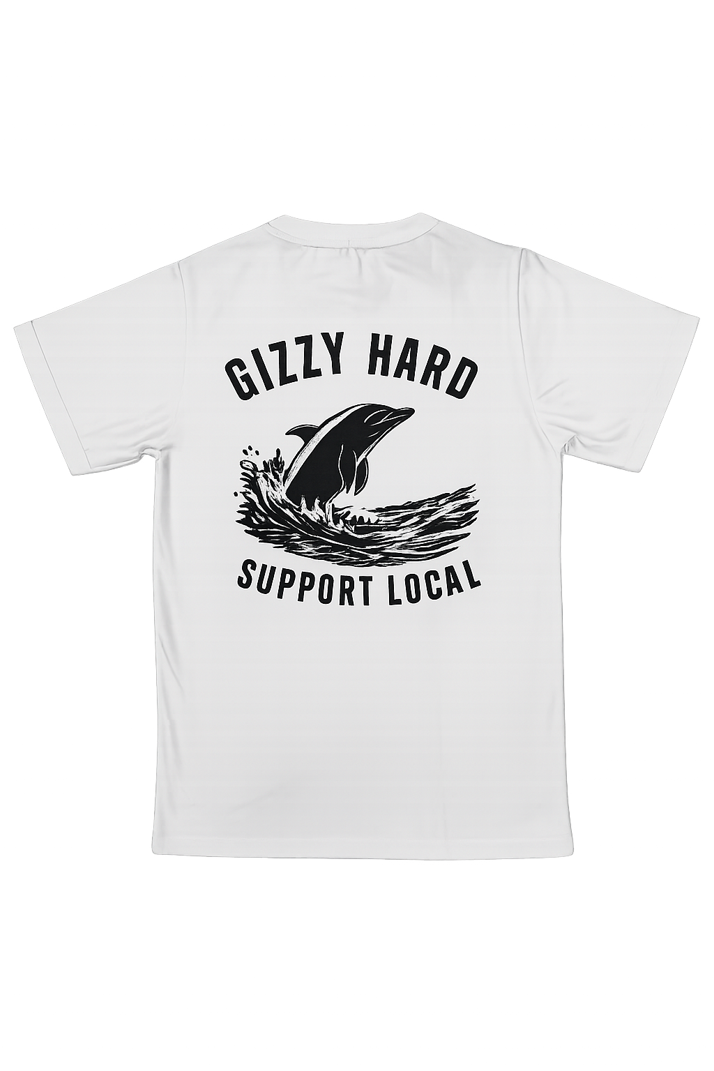 Gizzy Hard Moko The Dolphin Support Local Tee in white with black print from the rear