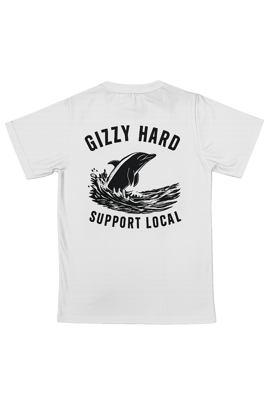 Gizzy Hard Moko The Dolphin Support Local Tee in white with black print from the rear