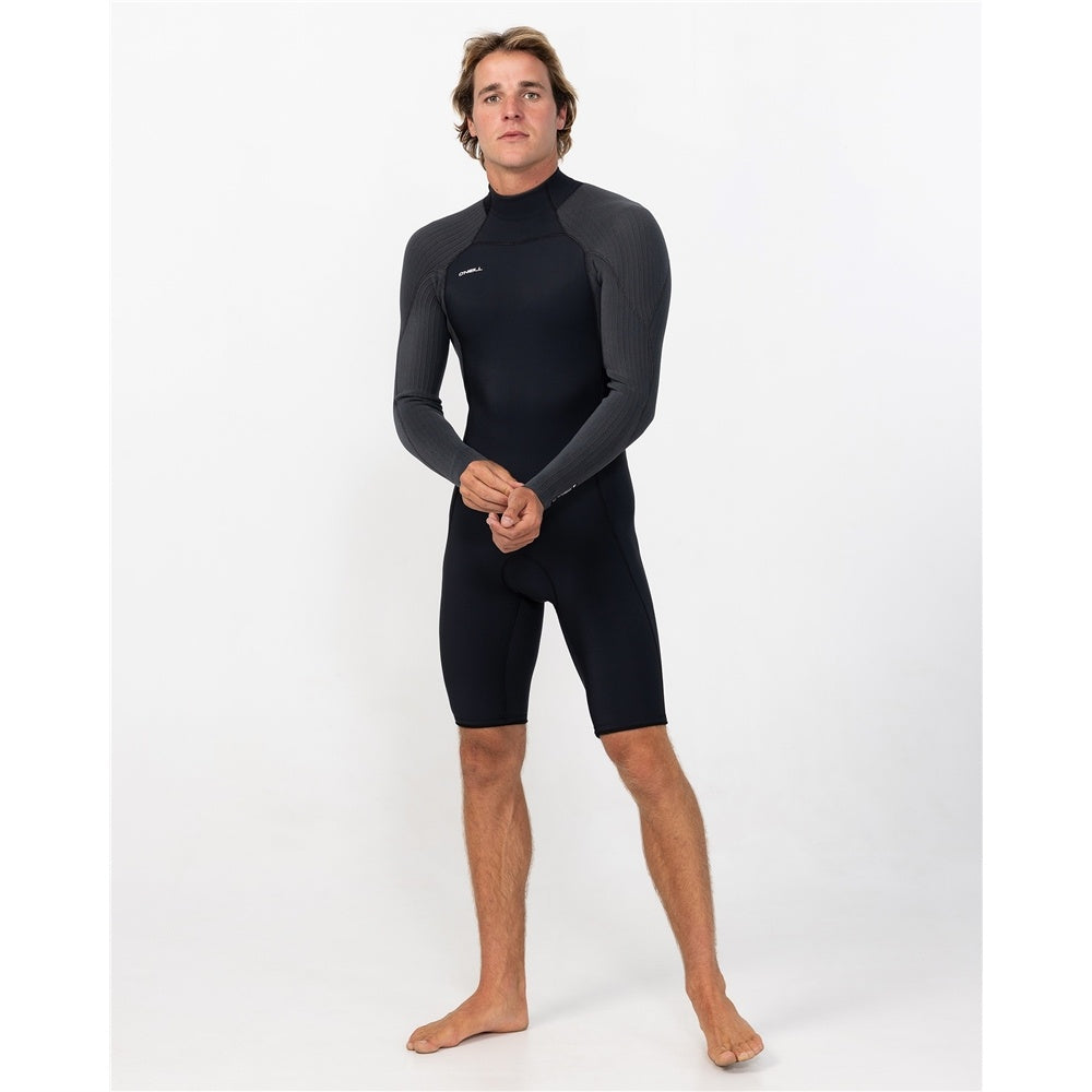 O'Neill Hyperfreak 2mm BZ GBS Long Sleeve Wetsuit in black and steel on model from the front