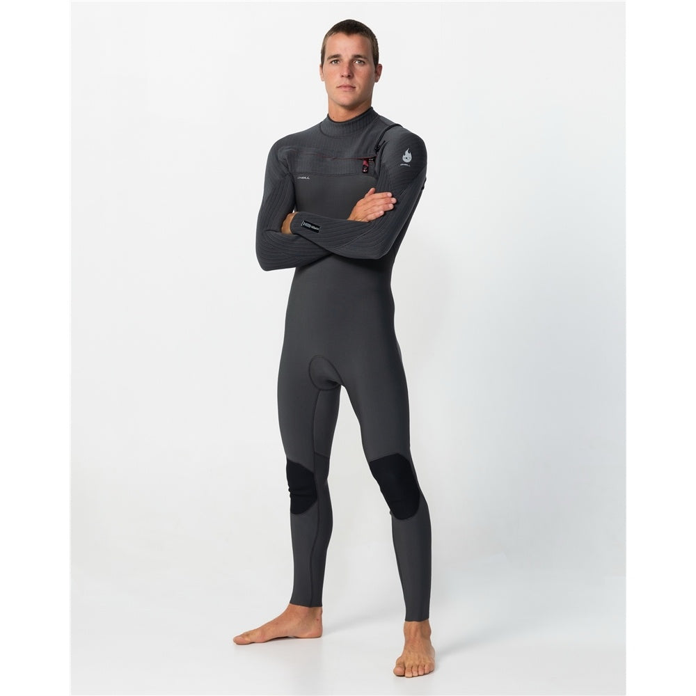 O'Neill Hyperfire 3/2mm GBS Men's Chest Zip Wetsuit in steel grey colourwayon model from front with arms crossed