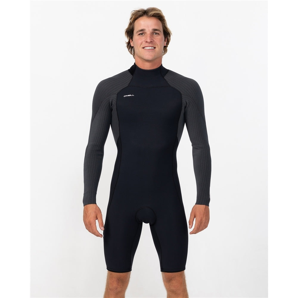 O'Neill Hyperfreak 2mm BZ GBS Long Sleeve Wetsuit in black and steel on model from the front close up