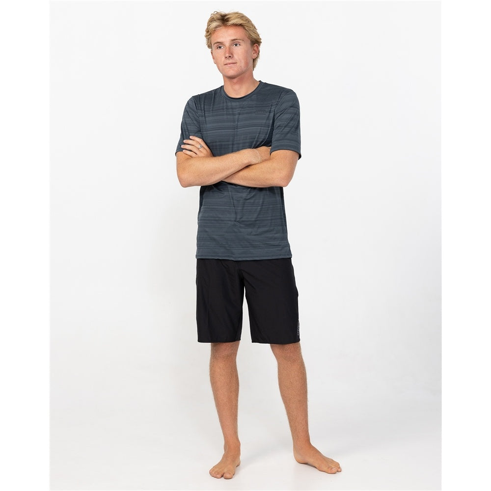 O'Neill 24/7 Tech Short Sleeve Surf Rash Tee in graphite colourway on model in black shorts from the front