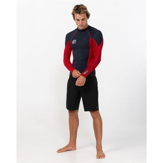 O'Neill HyperX Y2K 1.5mm Long Sleeve Men's Wetsuit Vest in black and red on model from the front