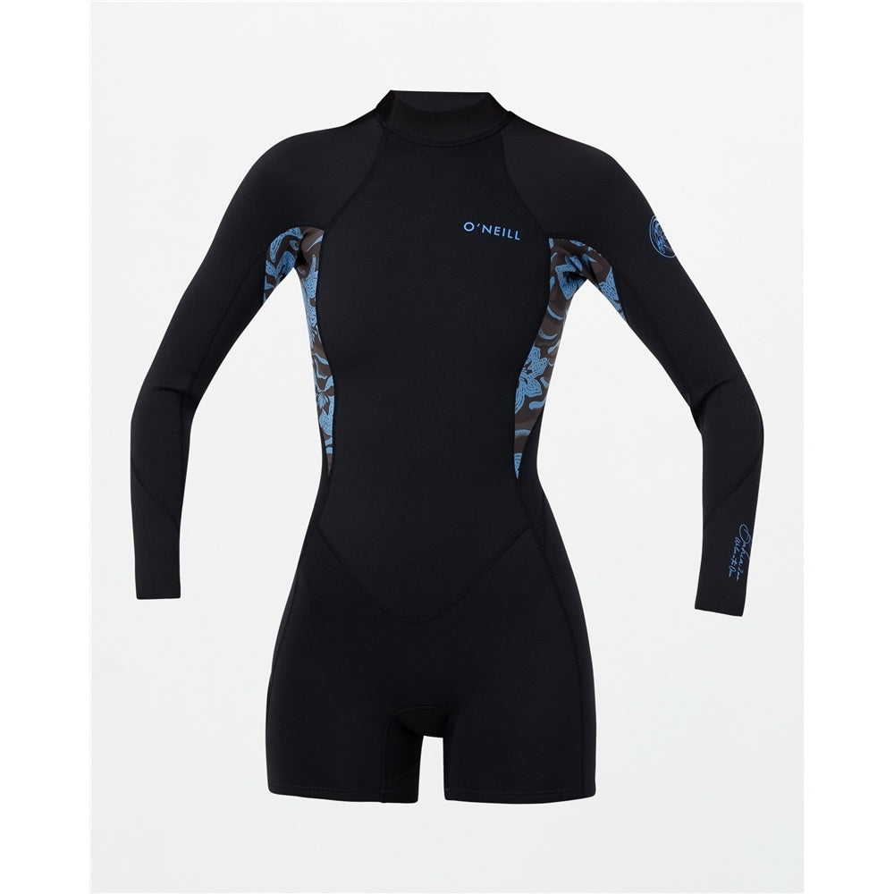 O'Neill Bahia 2mm Long Sleeve Boyleg Women's Wetsuit in black with seawater floral panels from the front