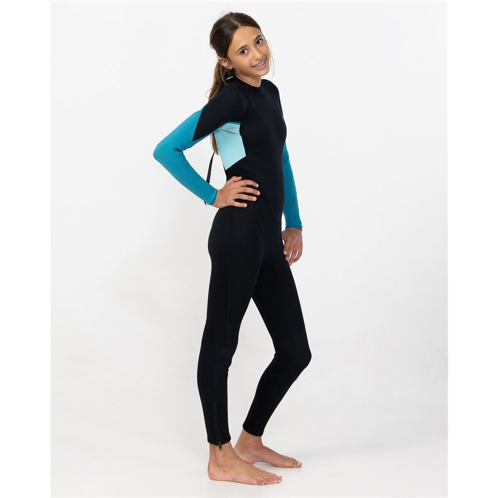 O'Neill Girls Reactor II 3/2mm Back Zip Flatlocked Wetsuit in black with bright blue arms from side