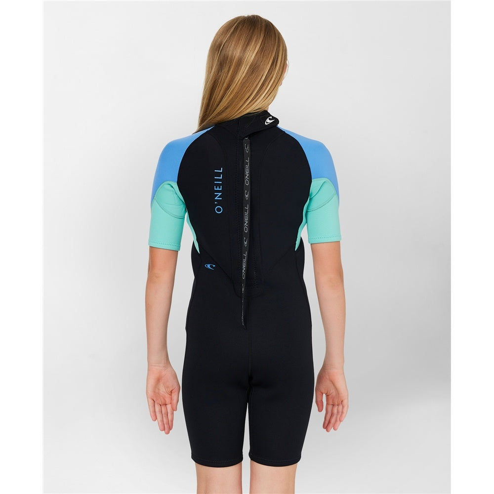 O'Neill Girls Reactor II 2mm Spring Wetsuit in black, blue and aqua on model from rear