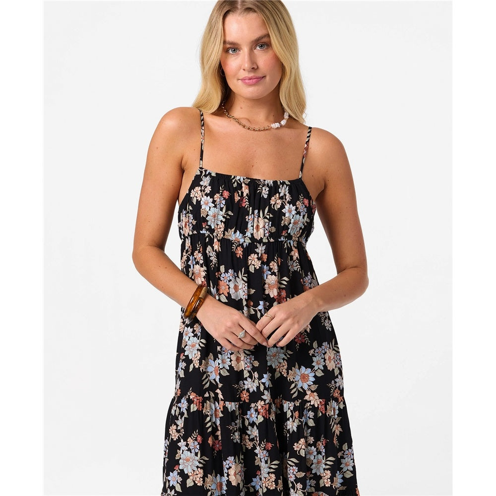 O'Neill Lillie Bali Floral Maxi Dress in black floral print on blonde model from front close up