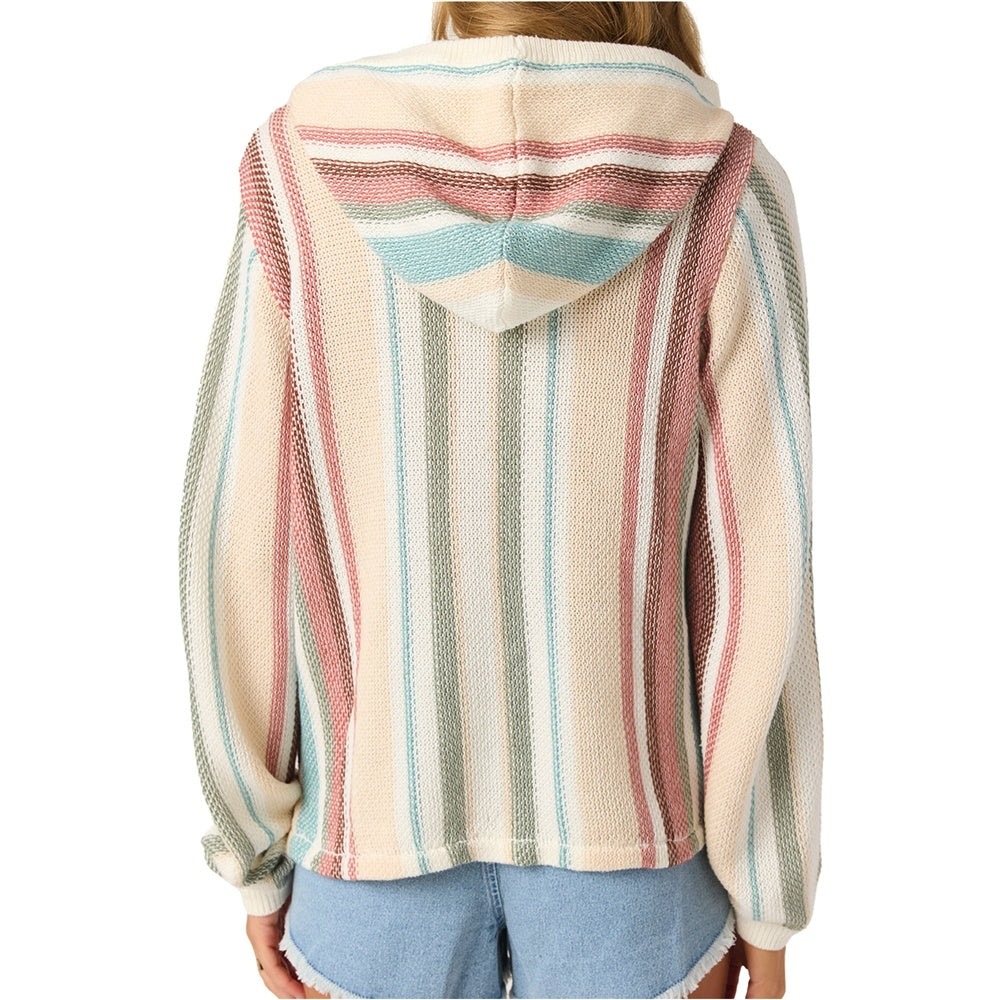 O'Neill Catamaran Women's Knit Hoodie in desert sand multi colourway on blonde model from rear close up