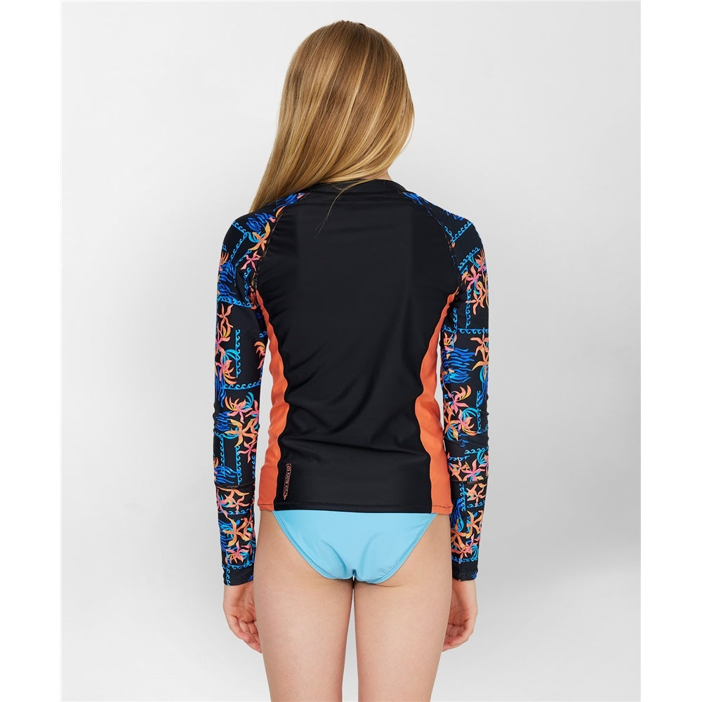 O'Neill Girls Bahia 1/4 Zip Long Sleeve Rash Vest  in black with tropic print details from rear