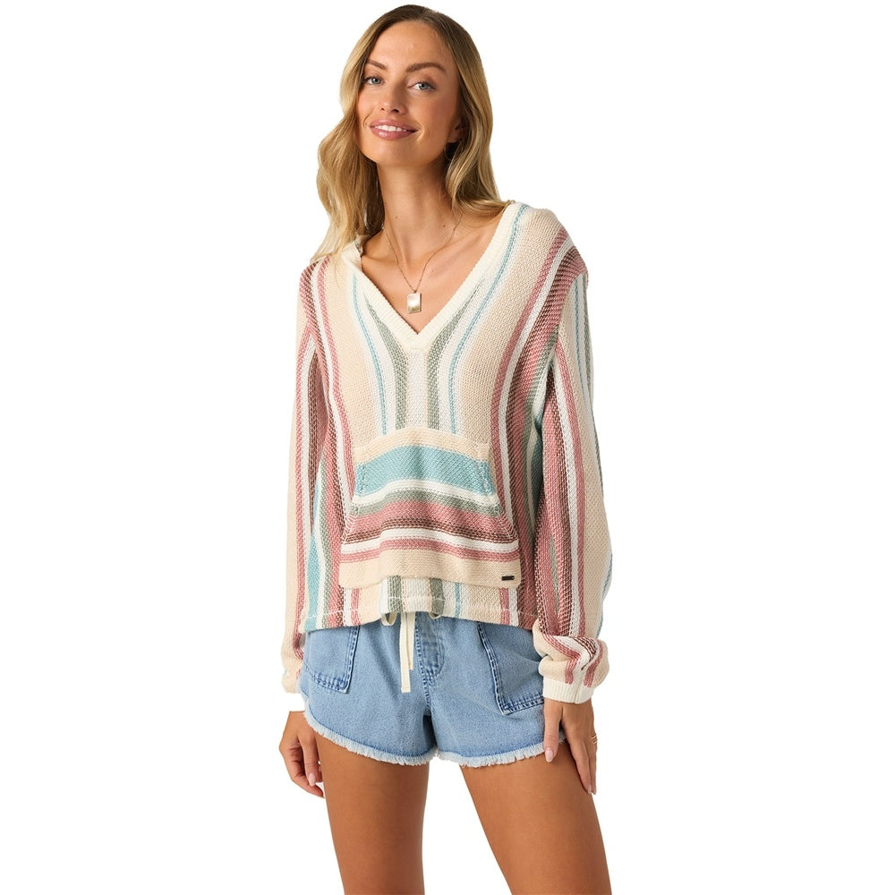 O'Neill Catamaran Women's Knit Hoodie in desert sand multi colourway on blonde model from front