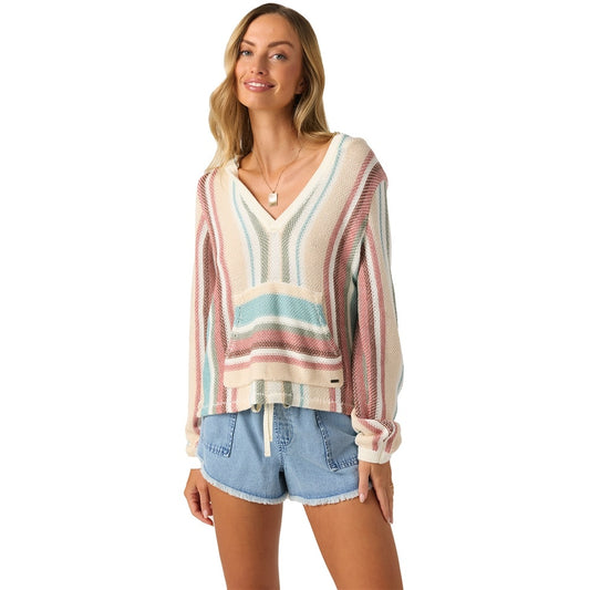 O'Neill Catamaran Women's Knit Hoodie in desert sand multi colourway on blonde model from front