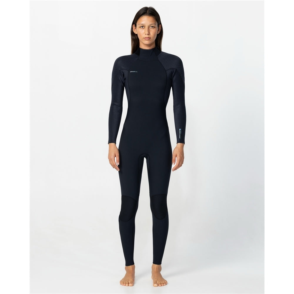 O'Neill Hyperfreak 4/3+mm Womens Back Zip Wetsuit in black on woman from front